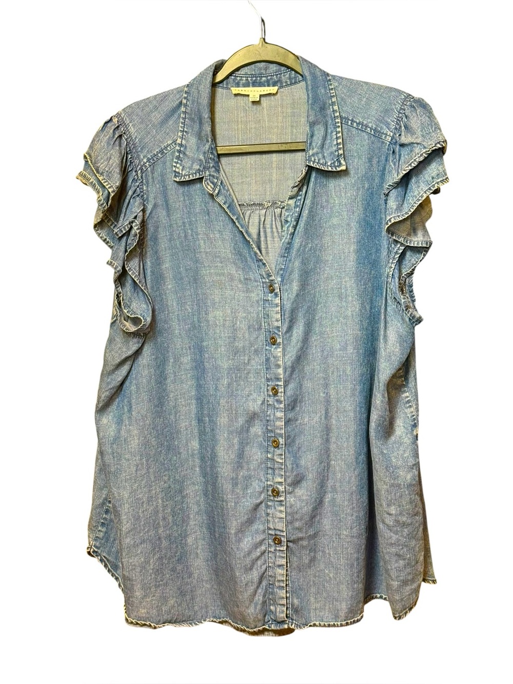 Jane + Delancey Lyocell Chambray Ruffle Sleeve Button Front Top 2X - Picture 2 of 8